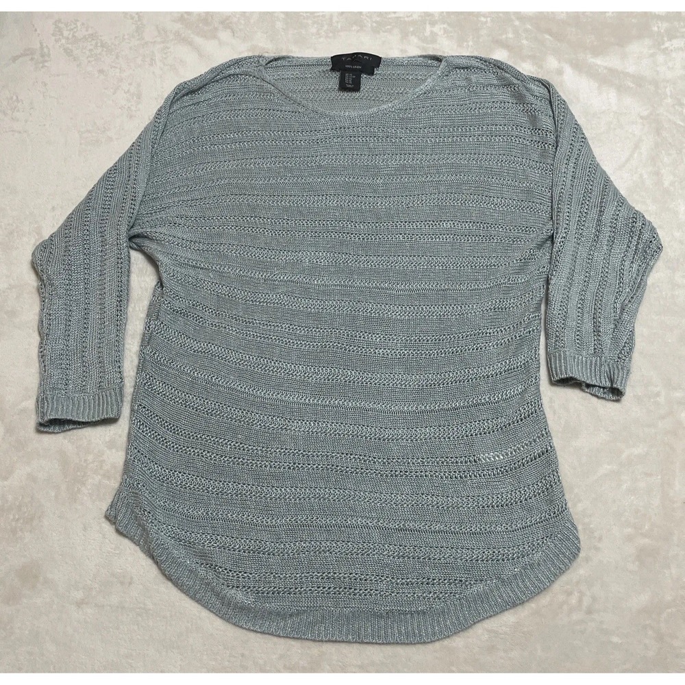 Tahari Knit Linen Top Womens XS Green 3/4 Sleeve Sweater Blouse Pullover